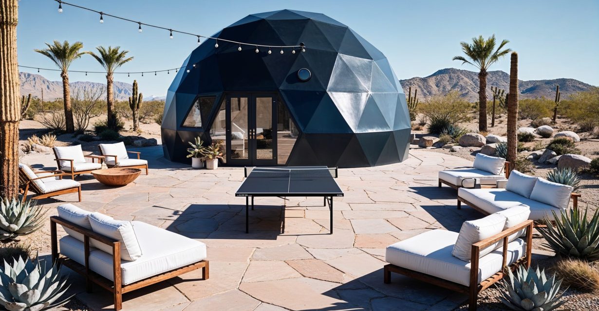 modern, outdoor setting featuring a geodesic dome house with a dark exterior, situated in a desert landscape (1)